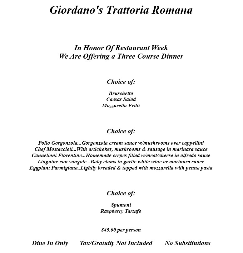 Giordano's Trattoria Ramana restaurant week menu