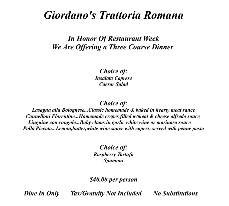 Giordano's restaurant week menu